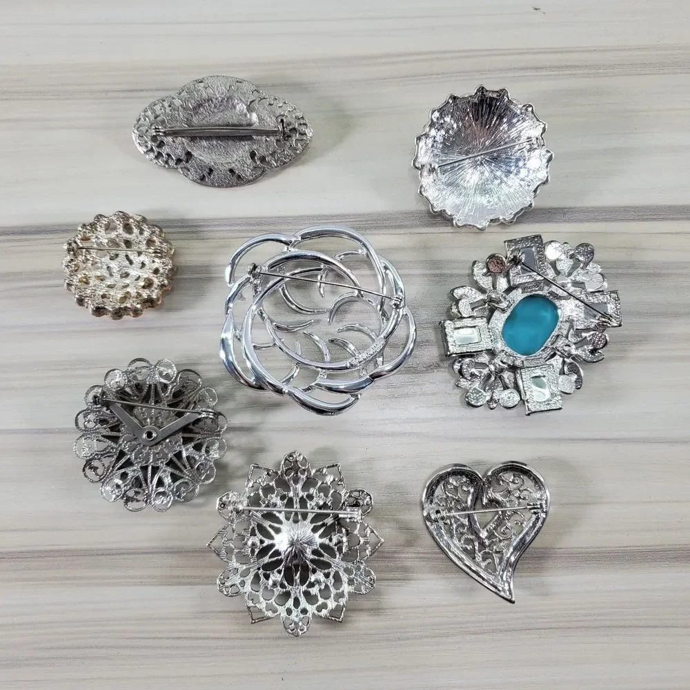 8 Brooch Lot Silver Tone Sarah Coventry Faux Pearl Rhinestone Pins Turquoise